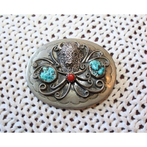Vtg Navajo Buffalo Head Belt Buckle Turquoise & Coral Native American Handmade main image 4